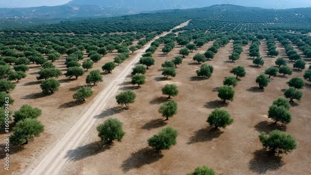 Poster a barren desert with a road running through it. the road is empty and the trees are sparse