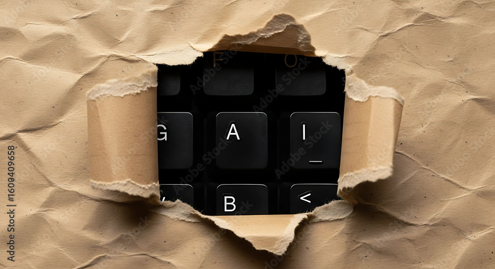 Fototapete a torn paper reveals a keyboard with the letters ai symbolizing artificial intelligence and technolo
