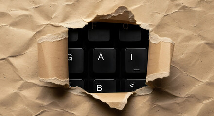 A torn paper reveals a keyboard with the letters ai symbolizing artificial intelligence and technological innovation in computing