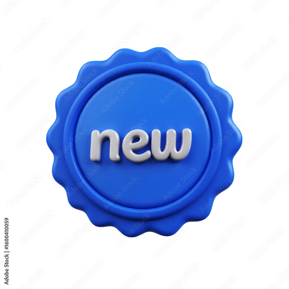 Poster a blue round badge with scalloped edges displaying the word new in white letters on transparent back