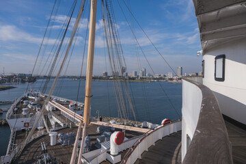 Outdoor promenade boat deck onboard historic luxury ocean liner for guests passengers with ocean views and ship&acute;s superstructure mast and ventilation	