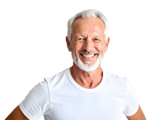 Happy senior man smiling with transparent background, promoting health and active lifestyle