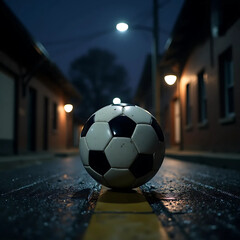 Solitary Soccer Ball on a Wet, Empty Street at Night
