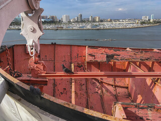 Outdoor promenade boat deck onboard historic luxury ocean liner for guests passengers with ocean...