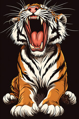 Fierce tiger roaring with open mouth, showcasing its powerful presence against a dark background
