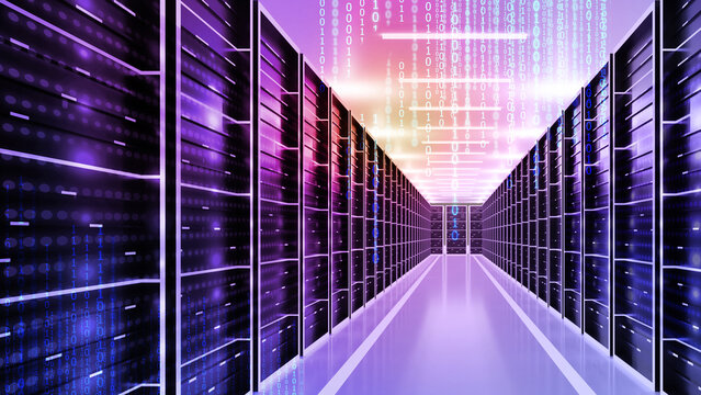 Futuristic Server Room with Binary Code
