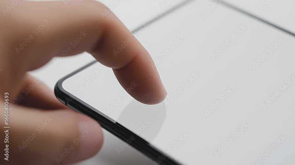 Poster finger interacting with a digital tablet. clean, minimalist, modern tech. touchscreen control. focus