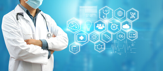 Doctor With Stethoscope and Medical Tech Graphics