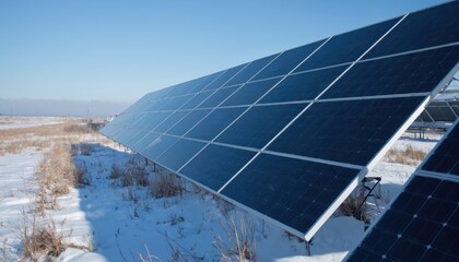 Solar panels array installed in a snowy winter landscape. Blue sky above. Renewable energy technology in a cold climate, clean electricity generation.