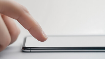 Finger interacting with a sleek smartphone, showcasing modern technology and intuitive touch screen capabilities. Focus on user experience and seamless connectivity.
