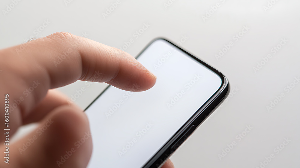Poster finger taps a mobile phone screen, showcasing touch interaction. light reflects on the device, highl