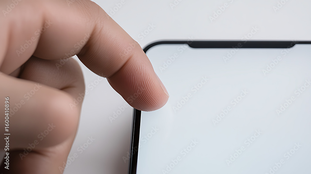 Poster finger tapping device screen. close-up of an index finger touching a device screen. interactive tech