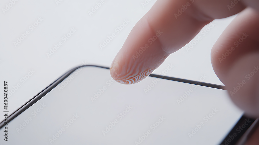 Poster touchscreen interaction: a close-up of a finger gently touching the screen of a mobile device, empha