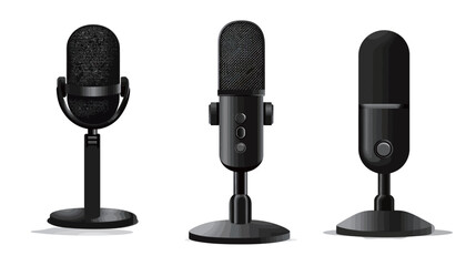 Microphone full black silhouette vector graphic on white background, representing audio recording equipment with classic design, ideal for music, broadcasting, podcasting, public speaking, and sound 