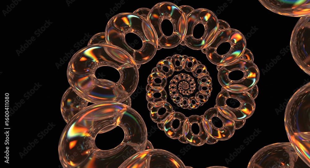 Poster a mesmerizing spiral of iridescent rings creates a captivating abstract 3d rendering on a black back