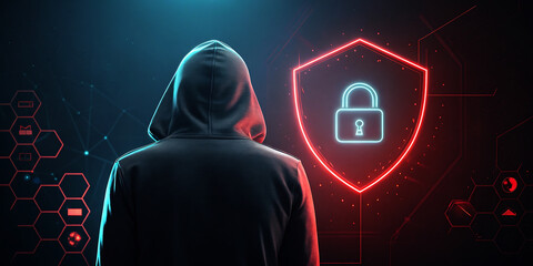 Mysterious hooded figure facing digital shield with glowing lock symbolizing cyber security and data protection