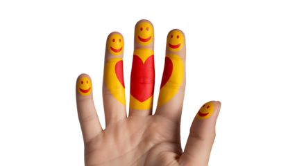 Joyful fingers painted with smiley faces and hearts spread love and happiness for a vibrant, positive message