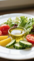 Fresh Salad with Lettuce, Cucumber, Tomato, and Olive Oil Dressing