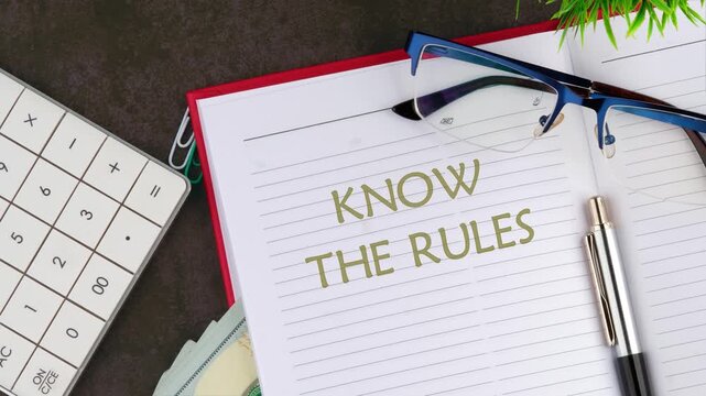 Know the rules animation of text in a business notebook. Conceptual know the rules symbol. Copy space.