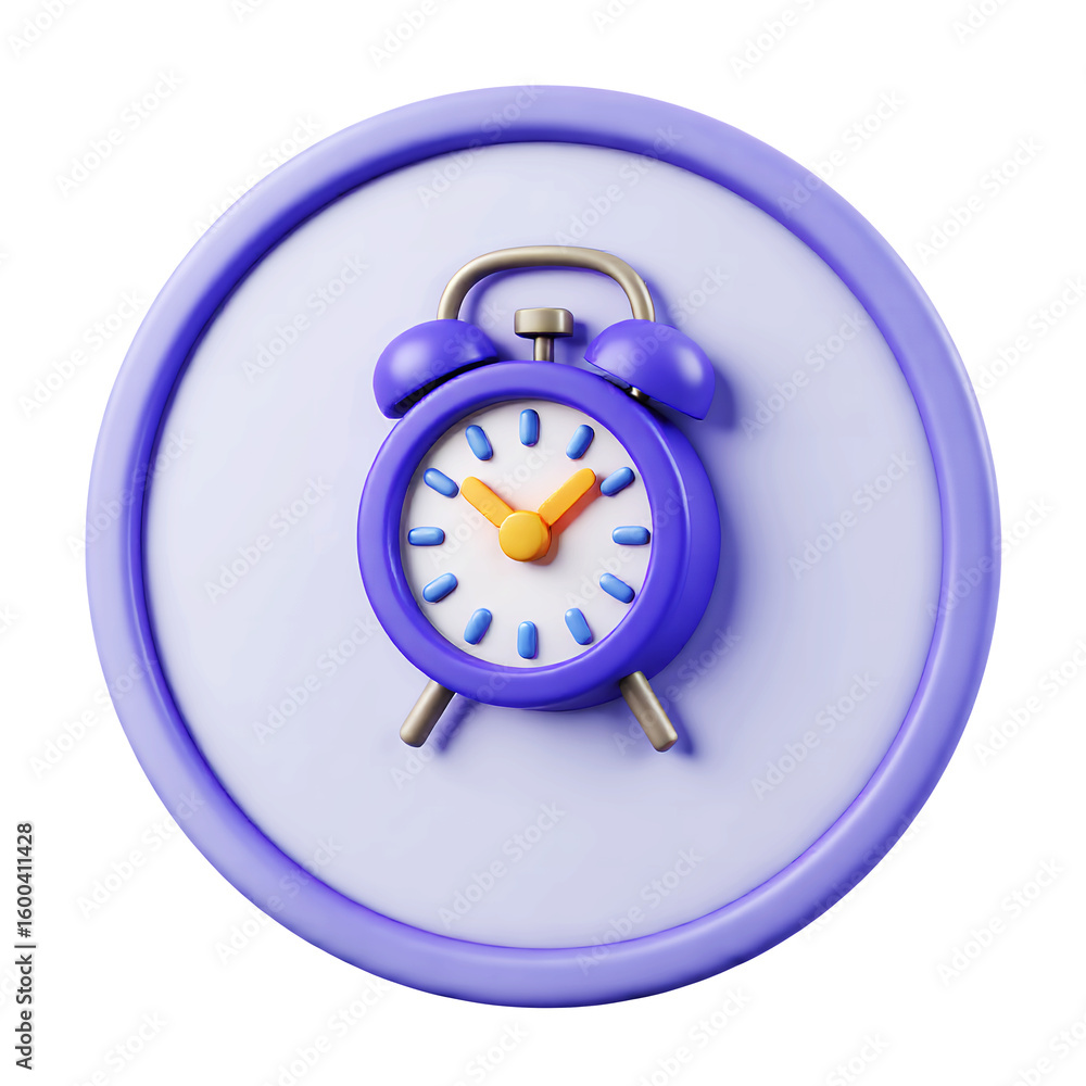 Poster a stylized render of a purple alarm clock on a circular lavender background shape on transparent bac
