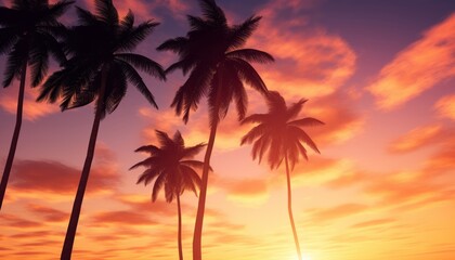 Silhouetted Palm Trees Against Vibrant Sunset Sky in Tropical Paradise
