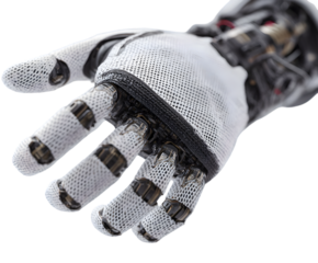 Futuristic cyborg hand prosthetic with advanced design and mesh texture displayed on transparent background