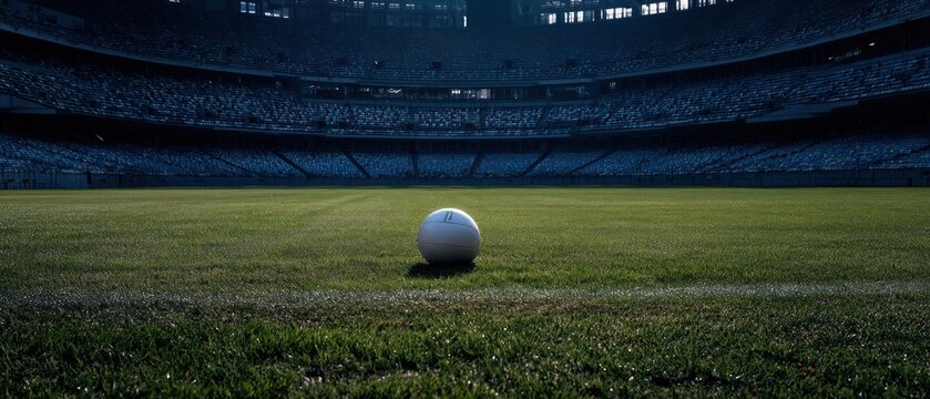 Solitary Gaelic Football: A lone ball rests on the hallowed turf of a majestic stadium, bathed in the twilight's embrace.
