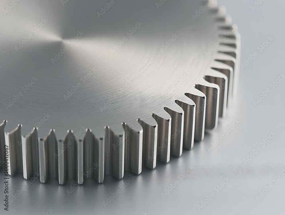 Poster close-up of a metallic gear, showcasing its intricate teeth and smooth surface, symbolizing precisio
