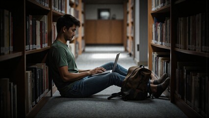 College student studying with laptop on library floor between bookshelves, academic research, focused learning, higher education, digital study habits, young man preparing for exams in university libr