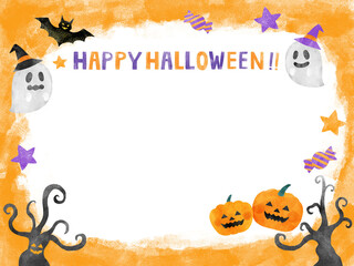 ハロウィンの水彩イラストフレーム　オレンジ
