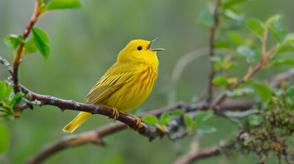 Obraz premium Yellow Warbler singing on tree branch during peaceful summer morning in South-central Alaska, surrounded by nature, warmth, sunlight, and serenity
