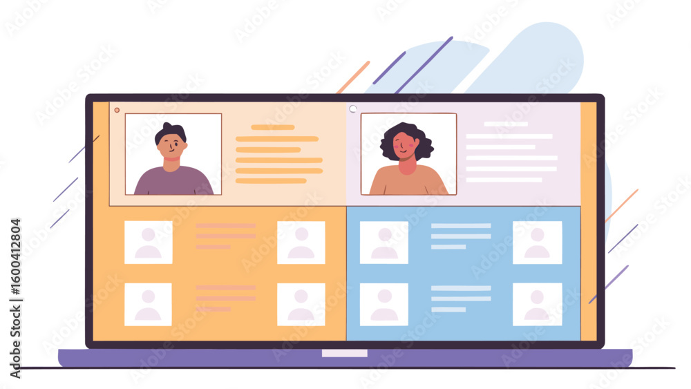 Poster a laptop screen showing a video conference with multiple participants in a virtual meeting setup