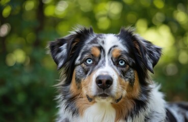 Australian Shepherd dog portrait. Blue eyes dog with black white brown fur. Happy Aussie dog face with intelligent gaze against blurred green nature background. Loyal pet companion for outdoor