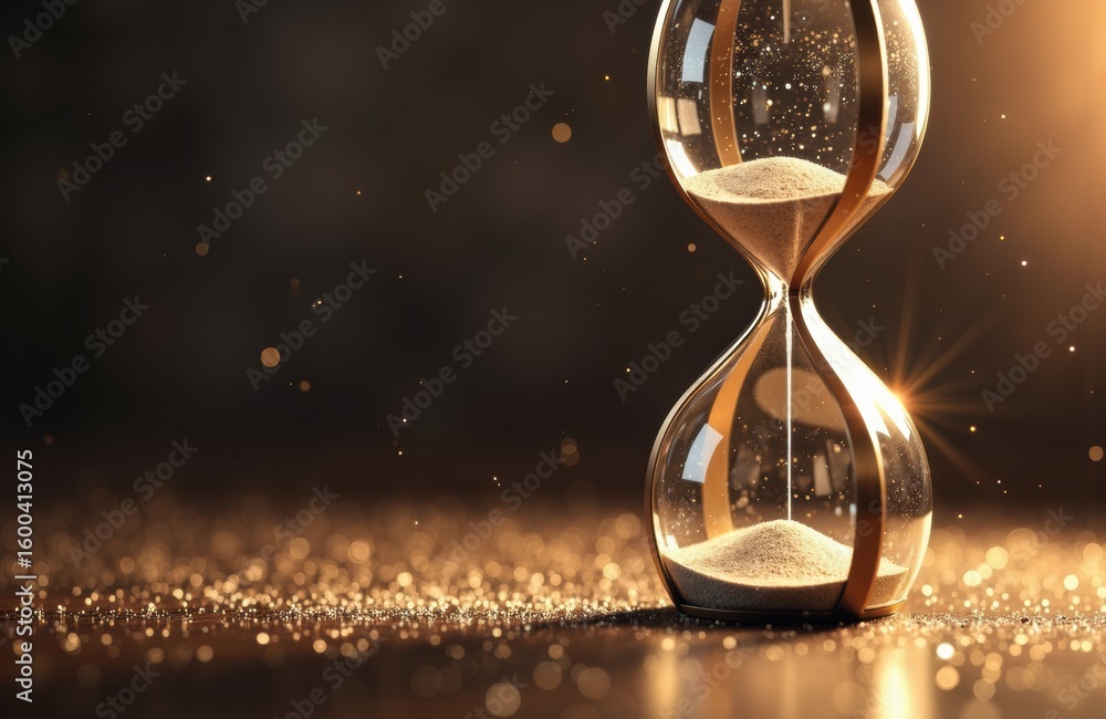 Poster sandglass with flowing sand creating a sense of time passing on a dark background with sparkling par