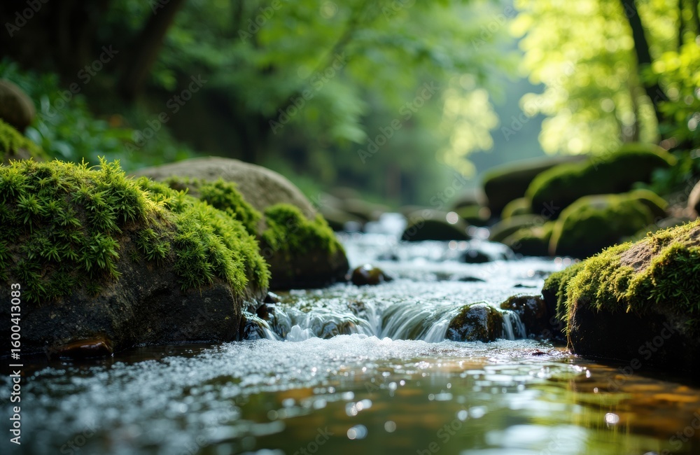 Poster a peaceful stream flows through a lush green forest with moss-covered rocks and sunlight filtering t