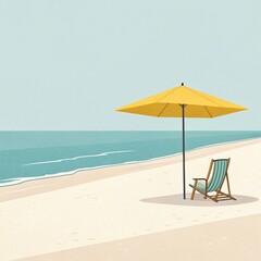 Minimalist Beach Scene with Yellow Umbrella and Chair