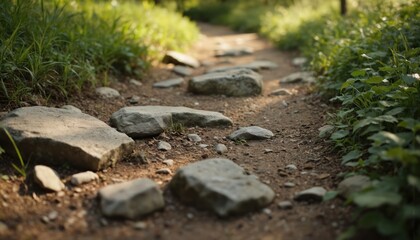 Sunlit nature trail featuring a rocky path through lush green forest surroundings. Earthy ground and foliage create a serene, peaceful ambiance ideal for exploration and travel.