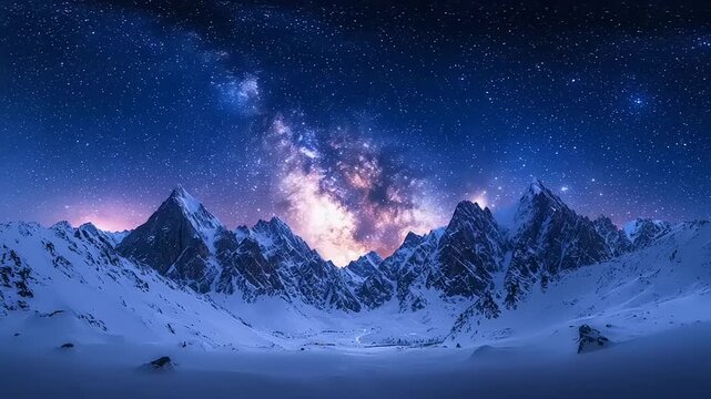 Snowy mountains under a starry night sky with the Milky Way.