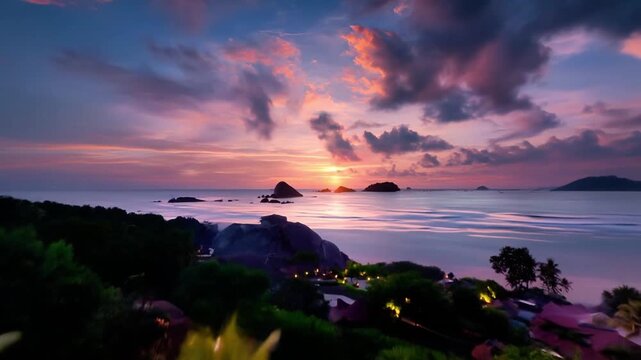 Tropical infinity pool surrounded by palm trees at sunset, reflecting vibrant sky. Aerial push forward with boom up. 4K.
