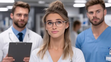 Obraz premium Three medical professionals in a clinical setting, with a focused female doctor wearing glasses in the foreground and two male colleagues behind her.