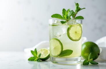 Refreshing lime and mint infused beverage in a clear glass with fresh limes and mint leaves on a light background