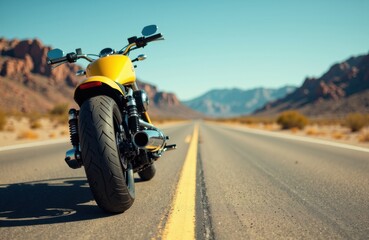 Obraz premium A yellow motorcycle parked on an open desert road with mountains in the background