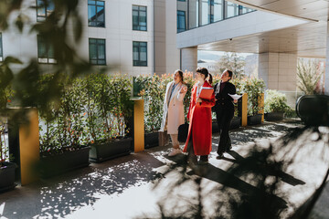 Three professional women engage in a discussion within a sophisticated outdoor setting adjacent to...