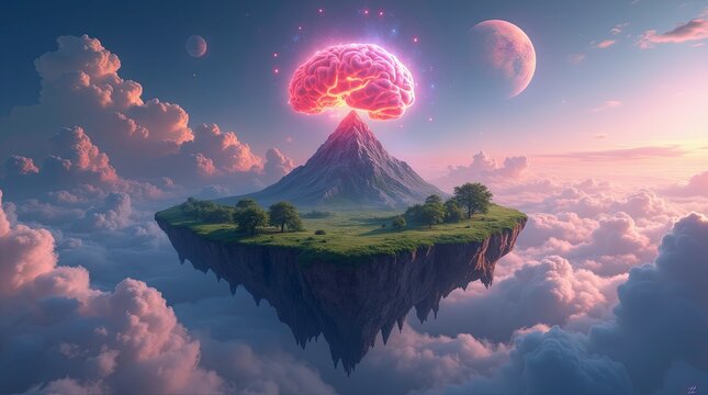 A surreal landscape features a vibrant pinkish cloud like brain on the mountain on a floating island amidst clouds, under a large moon, creating a dreamy atmosphere. AI Generative
