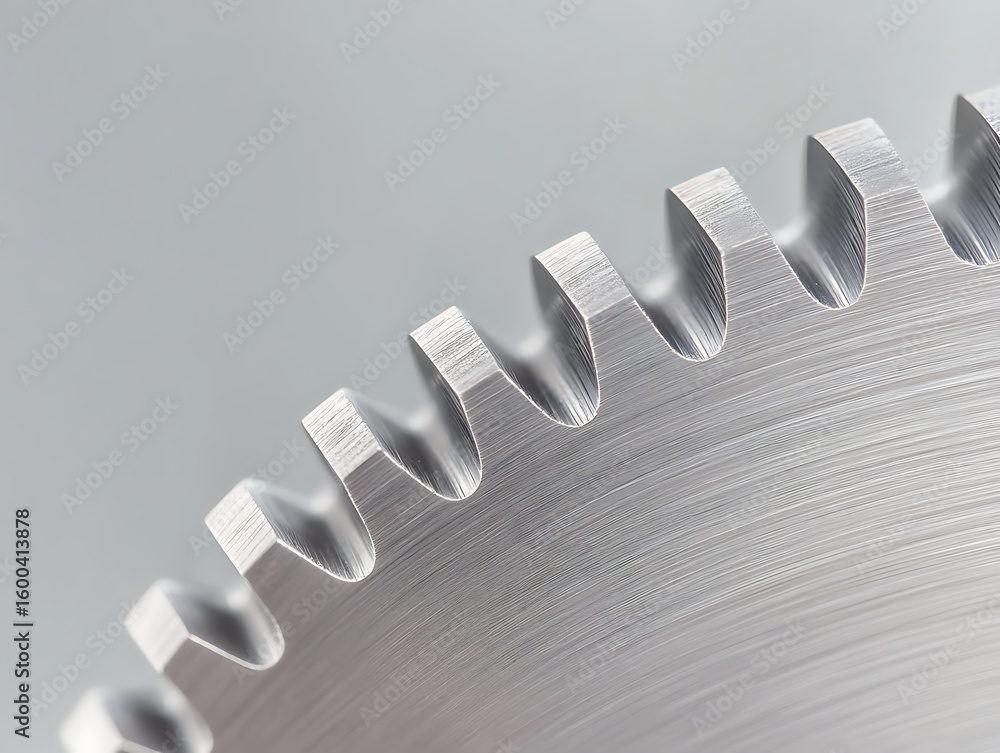 Poster macro shot of a metal saw blade. the sharp teeth and metallic texture convey precision and power in 