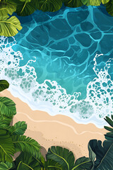 Aerial view of a serene beach with turquoise waves lapping at the shore surrounded by lush greenery