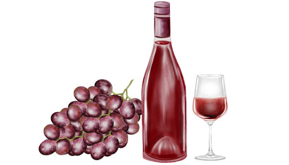 Watercolor red wine bottle with glass and and a branch of grapes. Perfect for restaurant design, food branding, menu decoration, wine events and elegant culinary projects.