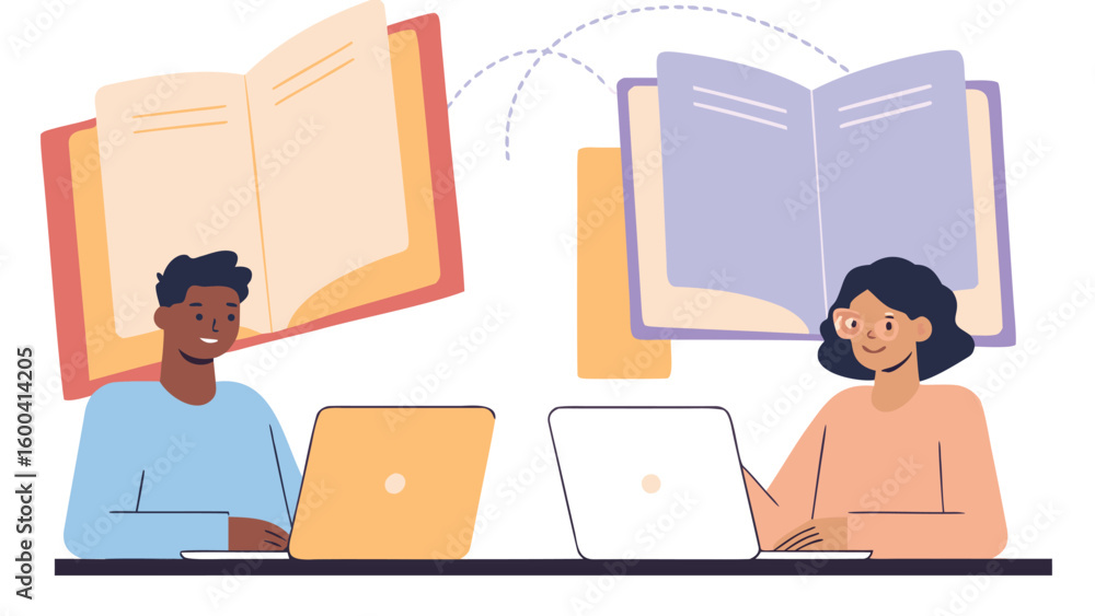 Poster two people using laptops with books floating above their heads connected by dotted lines design