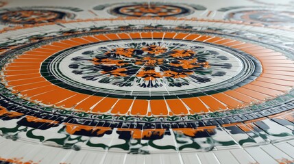 Obraz premium Ornate, circular design with concentric orange, green, and navy blue sections.