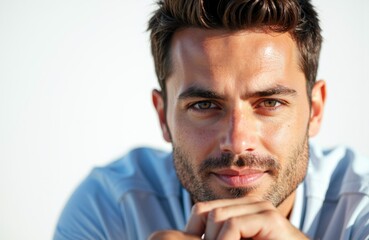 A confident young man with a slight smile looks directly at the camera in bright natural light